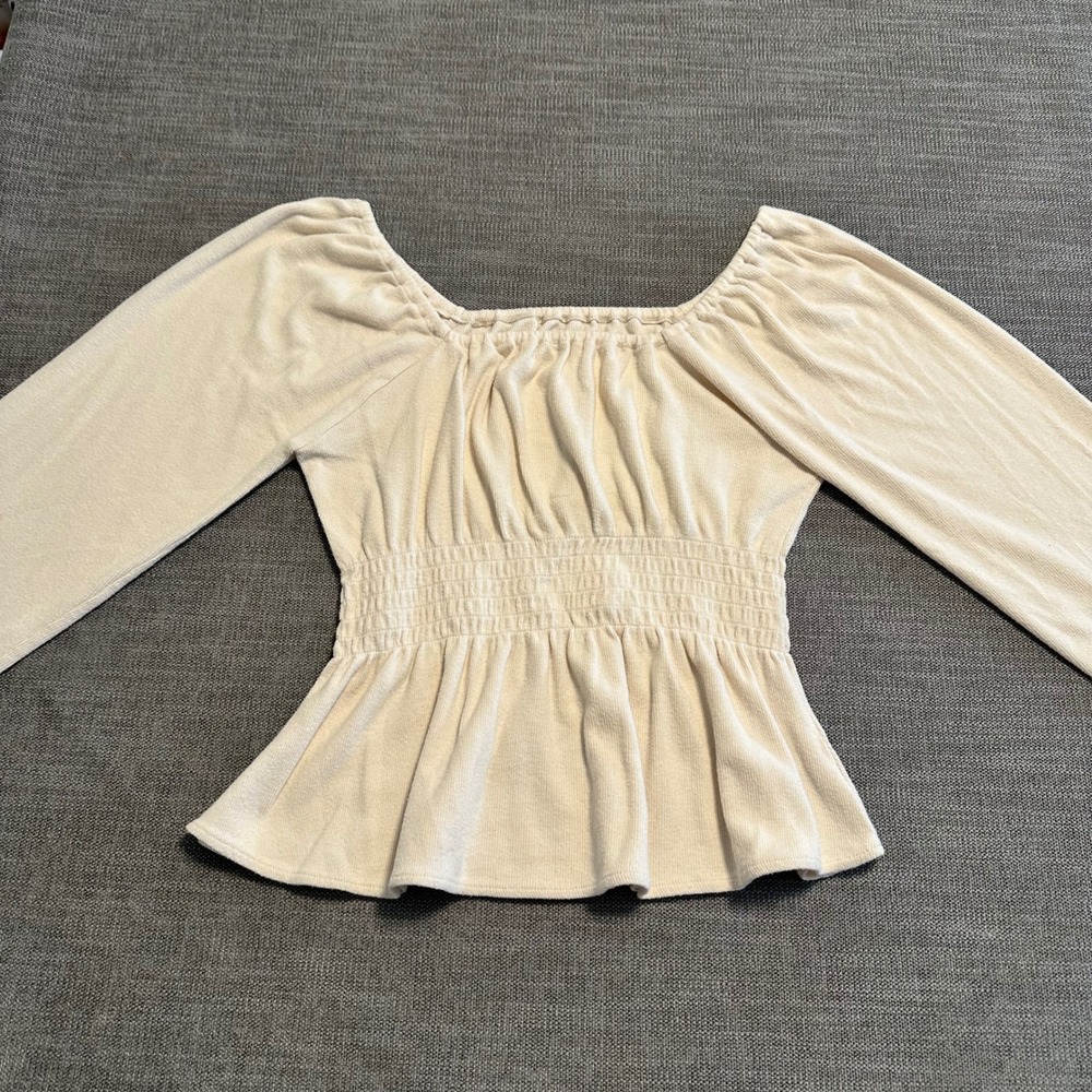 Madewell Peplum Top Womens Medium Cream  Smocked Ribbed Long Sleeve
